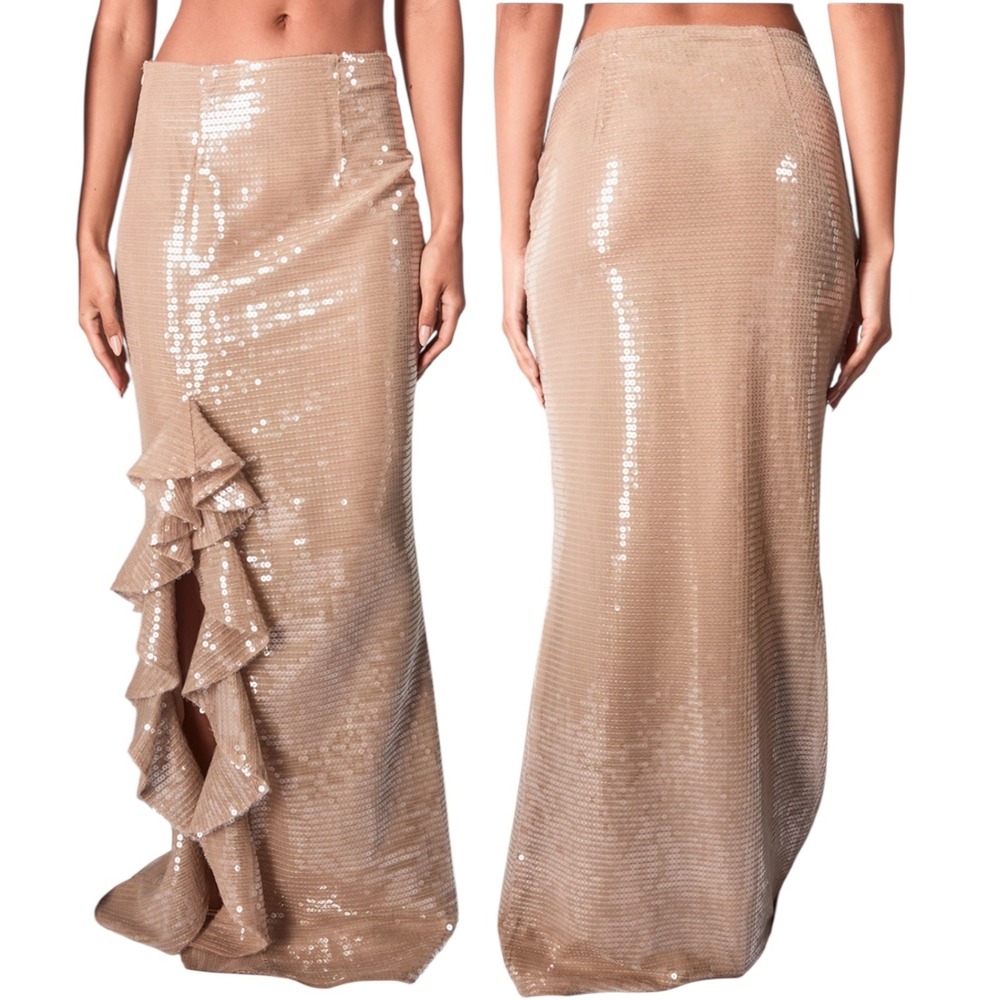 PrettyLittleThing Nude Sequin Ruffle Detail Maxi Skirt CNI4635 Champagne 8 NEW
